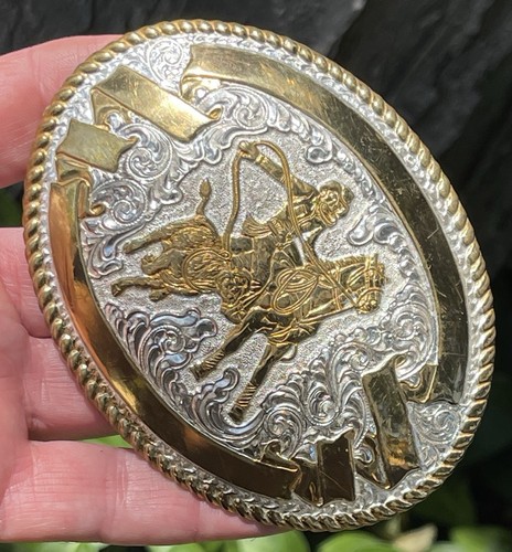 VINTAGE CRUMRINE SILVER PLATE JEWELERS BRONZE COWBOY HORSE WESTERN BELT BUCKLE - Picture 10 of 20