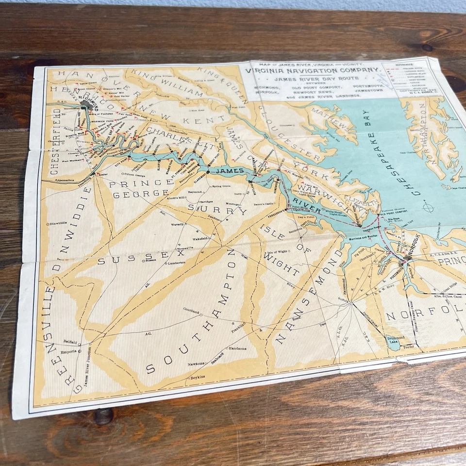 RARO Antiguo 1899 MAPA DE JAMES RIVER, VIRGINIA Pocahontas Steamboat Tours Mapa Foto 4 de 4