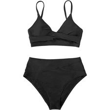 CUPSHE Black High-Waisted Twist Front Two-Piece Swimsuit Small