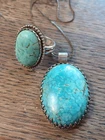 Vintage Set Big Oval Cab Turquoise Ring Sz 10+Pendant Sterling Silver Necklace