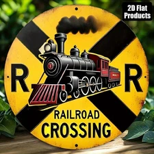 Tin Metal Sign Train Railroad Crossing Round Aluminum Wall Art 8x8