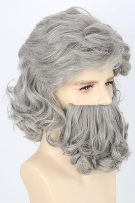 Old Man Wig and Beard Set Short Wavy Gray Wizard Wigs for Men Classic Gray Sa...
