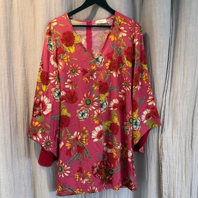 Vicolo Dress Women Medium Made in Italy Floral Bell Sleeve Mini Dress Pink Red