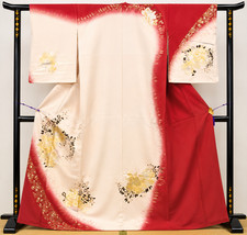 Japanese Houmongi Kimono Silk Floral Hand Painted Gold Accents Vintage Japan