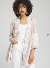 Chicos Size 2 12 Embroidered Linen Kimono Jacket Topper Taupe Ivory Boho Chic
