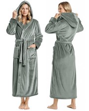 Womens Plush Fleece Long Robe Fluffy Soft Bathrobe with Hood,Large,Steel Grey