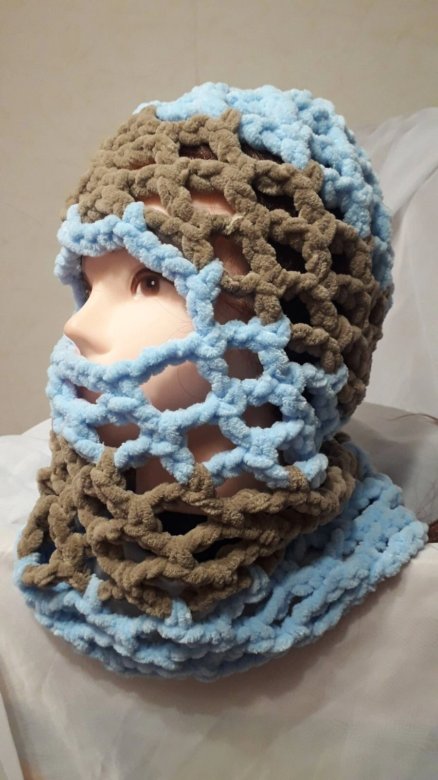 Chunky Knit Balaclava Hood Crochet Ski Mask Brown Blue Fiber Art Unisex