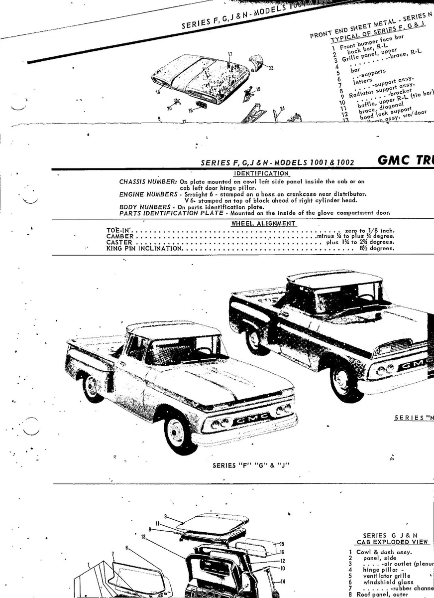 GMC TRUCKS F G J N MODELS 1001 & 1002 PARTS LIST CRASH SHEETS MRE.