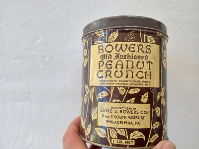BOWER'S OLD FASHIONED PEANUT CRUNCH Can c.1950 EARLE S BOWERS Co Philadelphia PA