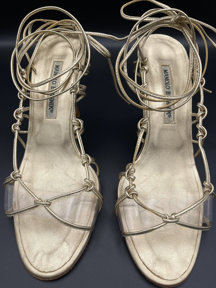 Manolo Blahnik Gold Metallic Lambskin Leather Ankle Wrap Heels 38