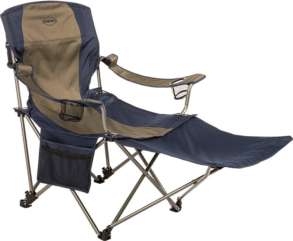 Kamp Rite Folding Camp Chair W/ 2 Cupholders and Detachable Footrest, Navy/Tan