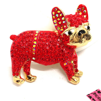 Red Shiny Bulldog Dog Animal Crystal Fashion Women Lady Charm Brooch
