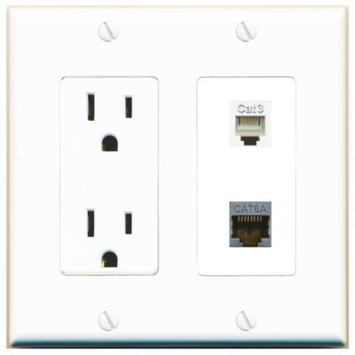 RiteAV Power Outlet and CAT6A PHONE Wall Plate Decorative [White]