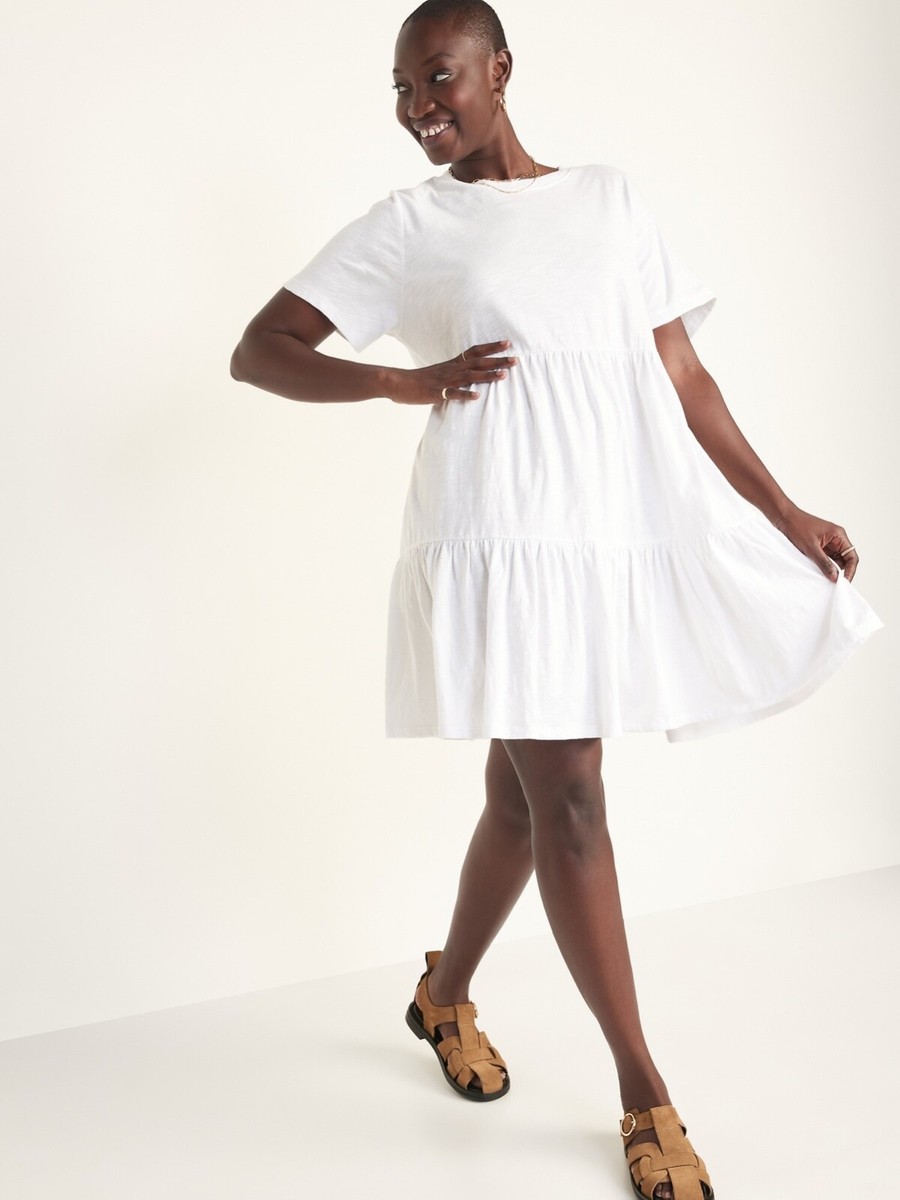 OLD NAVY Short Sleeve Tiered Slub-Knit Mini Swing Dress L Large White  818041 NEW