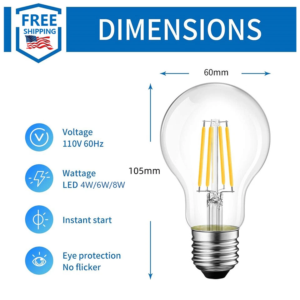 6 PCS E26 A19 Vintage Edison Bulbs (40W Eq.) Dimmable Filament Light Bulbs 6500K - Image 2 of 4