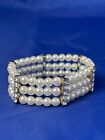 Plastic Faux Pearl Bead Stretchy Bracelet Silvertone Clear Rhinestones 6.5 inch