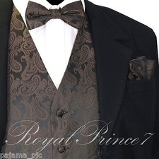 BROWN XS to 6XL Paisley Tuxedo Suit Dress Vest Waistcoat  Bow tie  And Hankie