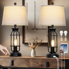 28" Vintage Table Lamps with USB C A Ports  AC Outlet, Industrial Farmhouse ...