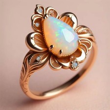 Vintage Flower Opal Band Ring for Women 14k Gold Plated Wedding Rings Size 6-10