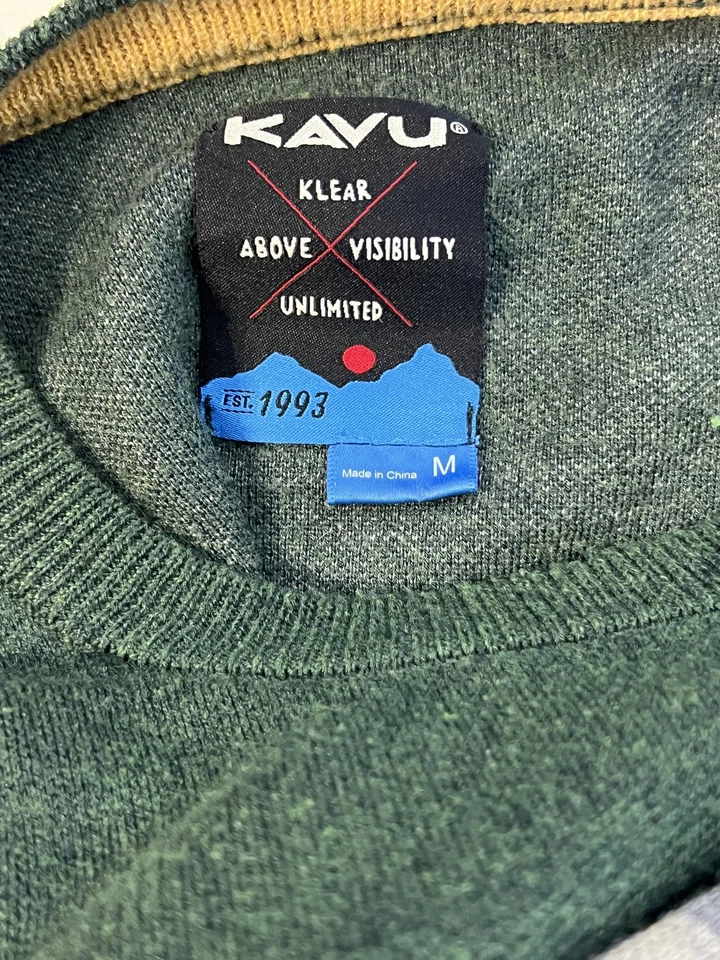 KAVU Sweater Mens Large Green Blue Gray Mountain Bigfoot Sasquatch Camp Knit - Image 2 of 4