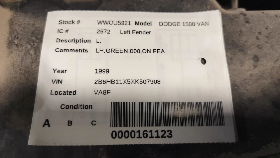 Driver Left Fender Fits 98-03 DODGE 1500 VAN 605726 Foto 2 de 2