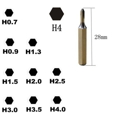 H4 X 28mm Small Hex Screwdriver Bits H0.7 H0.9 H1.5 H3 H4 4mm Hex Shank