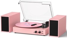 Pink Record Player with External Stereo Speakers  3-Speed Bluetooth Turntabl...