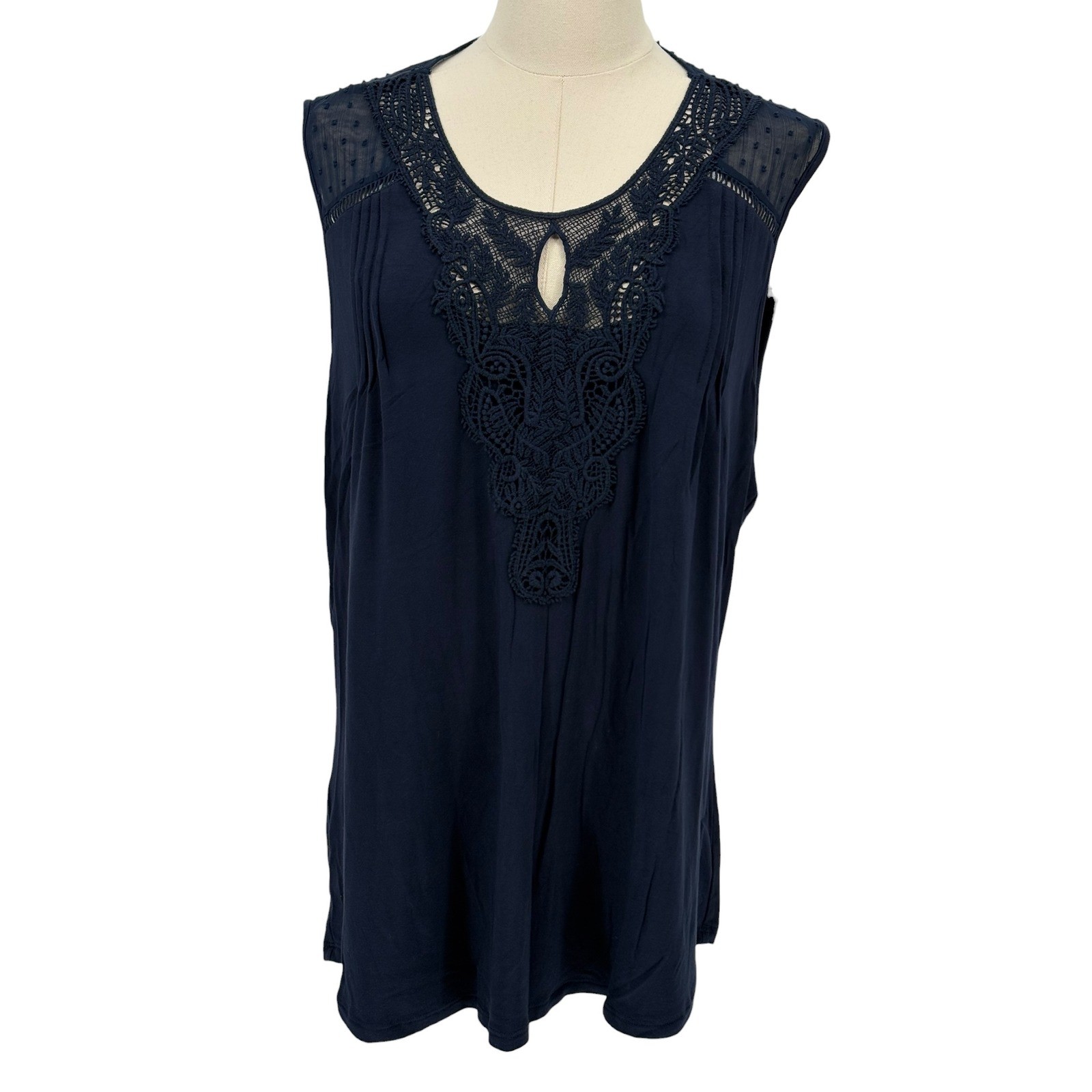 Daniel Rainn Sleeveless Top Navy Blue Crochet Lace Swiss Dot XL