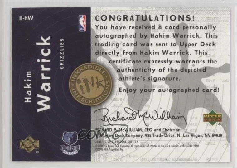 2005 SP Signature Edition Inkredible Inkscriptions Hakim Warrick Rookie Auto RC - Image 2 of 2