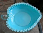 Vtg Fenton Turquoise Blue Milk Glass Heart Shape Candy Dish 8" Silver Crest 50's