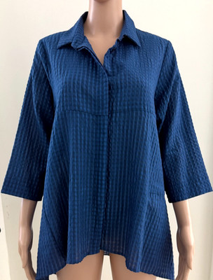 JASON BY COMFY USA HI LOW 3/4 SLEEVE NAVY BUTTON FRONT TOP SHIRT SIZE SMALL