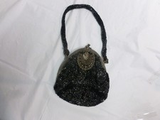 Art Deco Purse, Beaded Cocktail Bag, Vintage Jet Black, Clamshell Frame, 1930s
