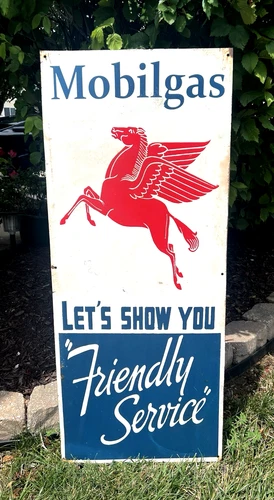 Vintage Mobilgas Let's Show You "Friendly Service" Advertising Sign 36" x 15"