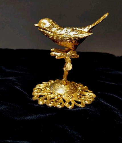 Vtg 24KT GOLD PLATED BIRD PERCHED BRANCH TRINKET BOX Hollywood Regency 1970s