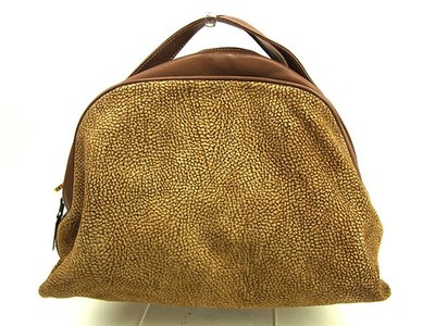 BORBONESE Mini Boston Bag Suede & Leather Quail Brown Beige Preowned Vintage