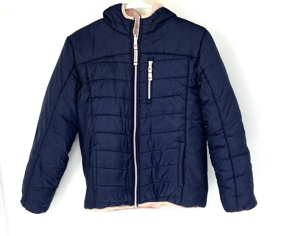 Eddie Bauer reversible jacket girls Large 14/16 Blue Pink Hood Full Zip