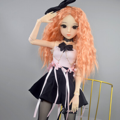 24 inch Girl Doll with Vest Dress Socks Shoes Curly Wigs Headpiece Full Set  Toy