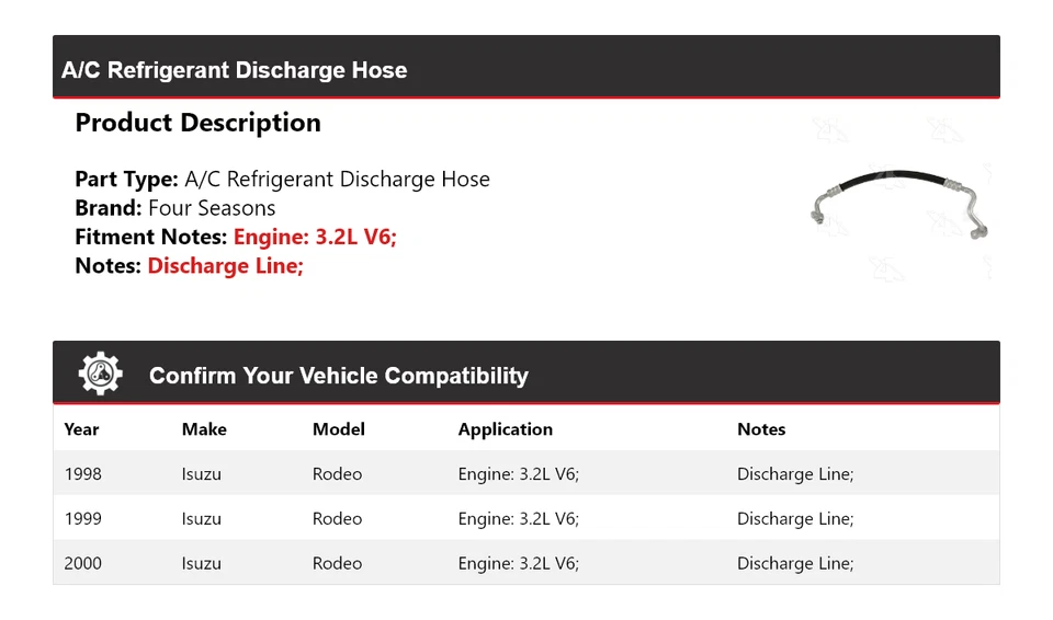 Manguera de descarga de refrigerante aire acondicionado V6 3,2 L Isuzu Rodeo 1998-2000 4 estaciones 1999 Foto 2 de 4