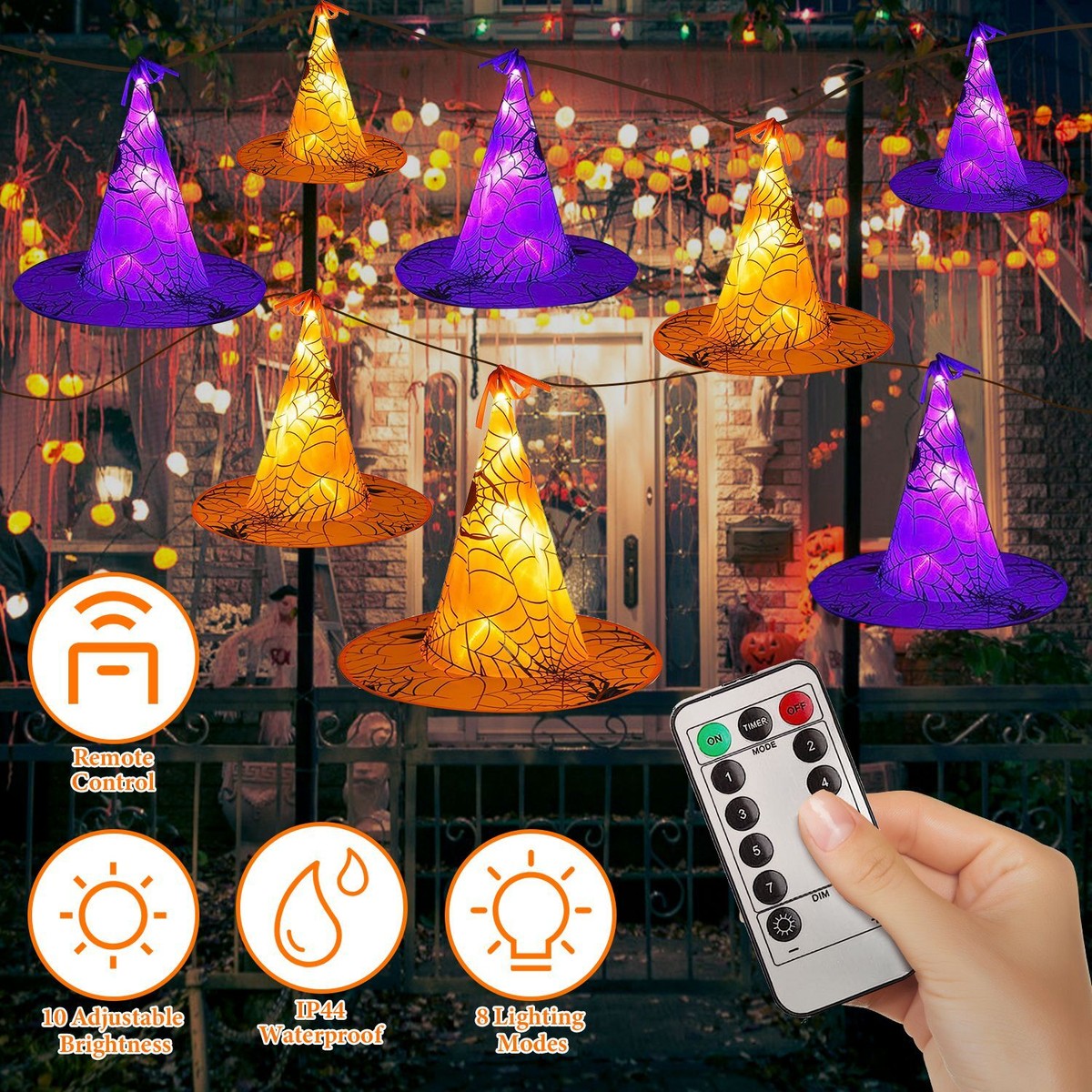 3-Pack Hanging Glowing Ghost Decorations – Witch Hat Lights With Remote & 8 Modes For Halloween Porch, Yard, Tree