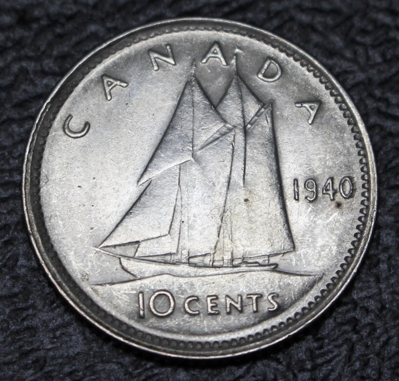 1940 CANADA DIME 10 CENTS-GERORGE VI-.800 SILVER-BLUENOSE SCHOONER