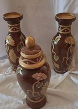 Chinese Mid Century Modern 3 Vases/Jars With Raised Golden Flower Design
