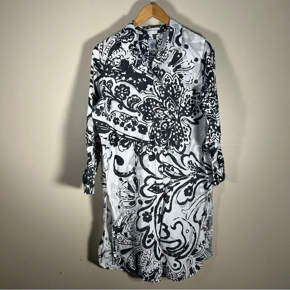 Chico’s Linen Cotton black White Gray Paisley Tunic Button Front Top Size 12/14P - Image 2 of 4