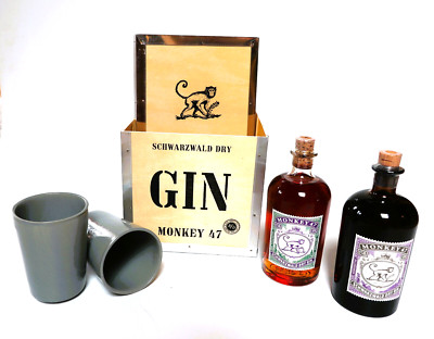 Monkey 47 Schwarzwald Gin 47% +Sloe & Dry Barell Cut 47% 0,5 l  2 Becher Holzbox