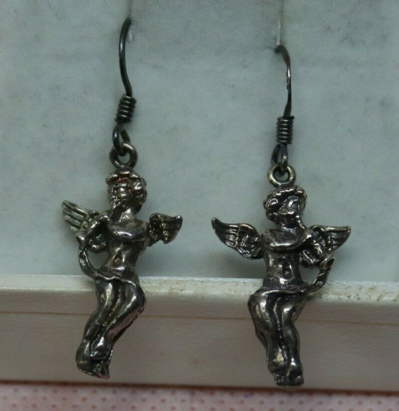 Sterling Silver Cherub Angel Kids with Musical Horns Drop Dangle Earrings
