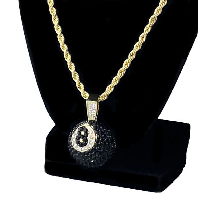 14k Gold Plated Black 8 Eight Ball Rope Chain Pool Simulated CZ