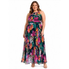 XSCAPE - Gia Floral Print Pleated Chiffon Halter Maxi Dress