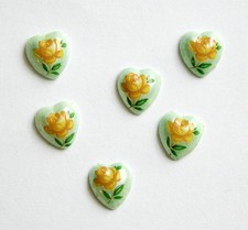 Vintage Glass Heart Cabochons Orange Rose on Green Japan 8mm 6 cab422G