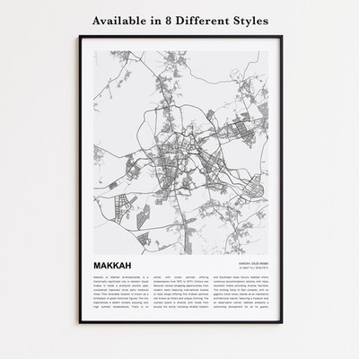 Makkah City Map Print, Saudi Arabia Travel Poster, Modern Map, Wall Decor Art