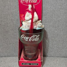 Coca-Cola Polar Bear Drink Buddy Glass with Red Straw, Soda Theme, Clear White