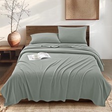 4 PCS Full Size Bed Sheets Grey Sheet Set Microfiber 1800 Thread 16 Inch